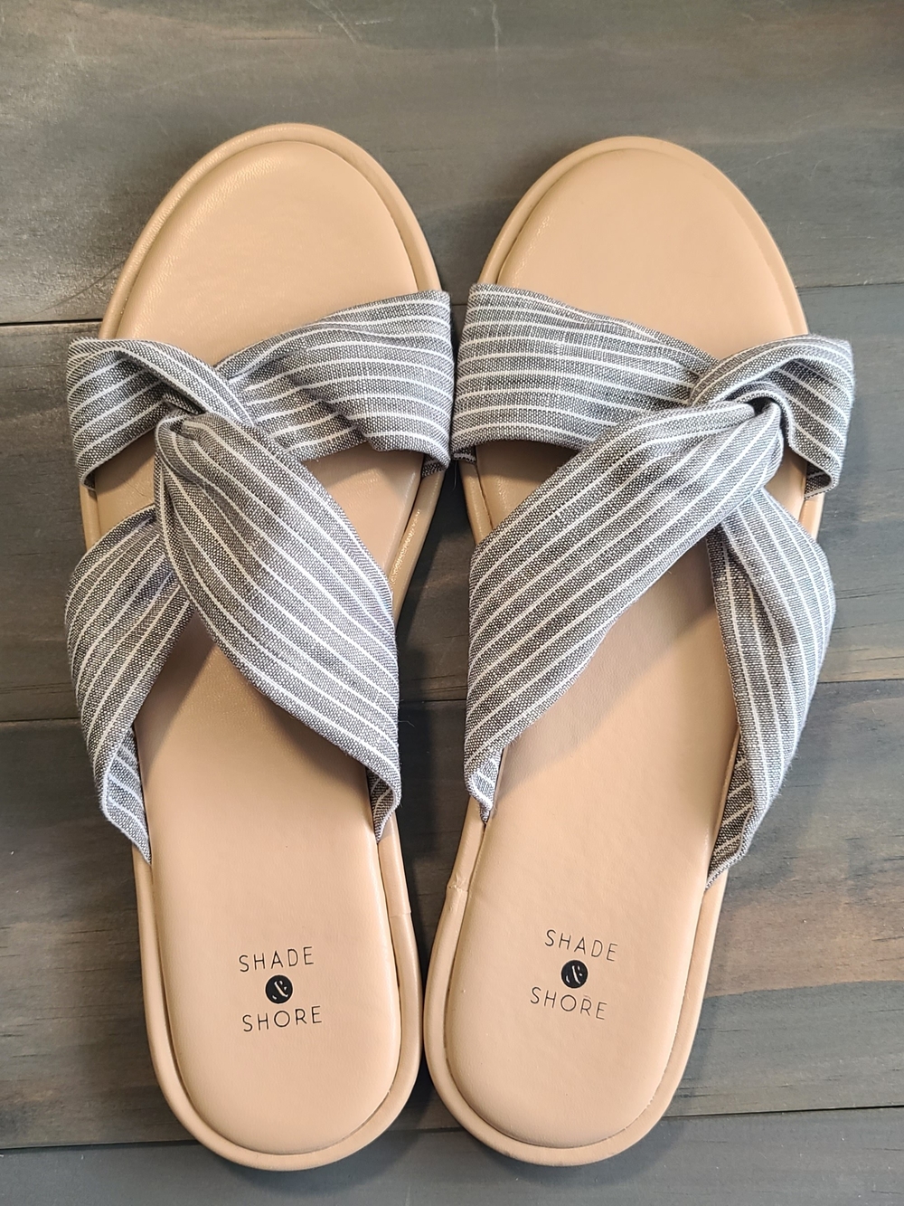 Shade & Shore Women's Gray Striped Knot Slide Sandals with Tan Footbed
